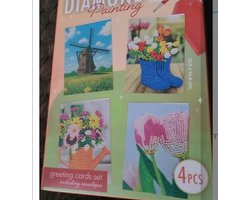 Diamond painting greeting cards set : Hollandse artikelen : molen bloemen- 4 stuks — cadeau in Hobby