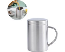 Roestvrijstalen beker / mok — Roestvrijstalen drinkbeker voor thuisgebruik — Dubbelwandig & onbreekbaar — Melkbeker — Koffiebeker met deksel — Geïsoleerde koffie-/theemok met deksel en handvat — Ideaal voor op de camping en dagelijks gebruik — cadeau in Cadeau-ideeën