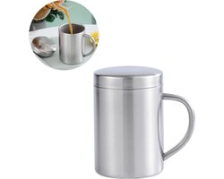Roestvrijstalen beker / mok — Roestvrijstalen drinkbeker voor thuisgebruik — Dubbelwandig & onbreekbaar — Melkbeker — Koffiebeker met deksel — Geïsoleerde koffie-/theemok met deksel en handvat — Ideaal voor op de camping en dagelijks gebruik — cadeau in Cadeau-ideeën