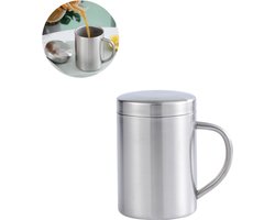 Roestvrijstalen beker / mok — Roestvrijstalen drinkbeker voor thuisgebruik — Dubbelwandig & onbreekbaar — Melkbeker — Koffiebeker met deksel — Geïsoleerde koffie-/theemok met deksel en handvat — Ideaal voor op de camping en dagelijks gebruik — cadeau in Cadeau-ideeën