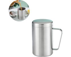 Roestvrijstalen beker / mok — Roestvrijstalen drinkbeker voor thuisgebruik — Dubbelwandig & onbreekbaar — Melkbeker — Koffiebeker met deksel — Geïsoleerde koffie-/theemok met deksel en handvat — Ideaal voor op de camping en dagelijks gebruik — cadeau in Cadeau-ideeën