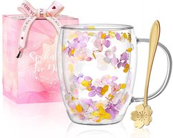 Dubbelwandige glazen koffiemokken, esthetische gedroogde bloemen kopjes met handgrepen, espressokopjes voor cappuccino koffie thee melk, geïsoleerde hittebestendige glazen mok — cadeau in Koken & Dineren