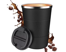 Koffiemok - Geïsoleerde mok - Campingmok - Warme en koude dranken - RVS-Siliconen hoes - Geschikt voor in de auto, op de camping en voor dagelijks gebruik - Zwart - 7*7*14,5 cm - 380 ml — cadeau in Cadeau-ideeën