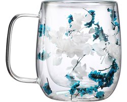 Theekop met bloemen - Glazen mok - Genieten van dranken - Dubbelwandig geïsoleerd - 250 ml - Wit en blauw — cadeau in Koken & Dineren