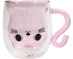Intirilife thermo glas dubbelwandig met kat design in roze - 200ml inhoud - geïsoleerde glazen mok hittebestendig voor koude en warme dranken koffie kop thee kop drinkglas — cadeau in Koken & Dineren