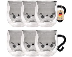 Intirilife 6x thermo glas dubbelwandig met kat design in zwart - 200ml inhoud - geïsoleerde glazen mok hittebestendig voor koude en warme dranken koffie kop thee kop drinkglas — cadeau in Koken & Dineren