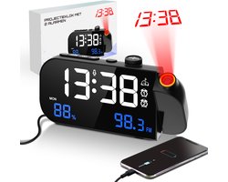 TM&DY - Digitale Wekkerradio met Projectie - Met Spraakbesturing, FM, Temperatuur & Luchtvochtigheid – Dimbaar LED Display & Dubbele Alarmfunctie - Wekkers Digitaal - Wekker met Projectie op Plafond - Projectiewekker - Projectieklok — cadeau in Elektronica