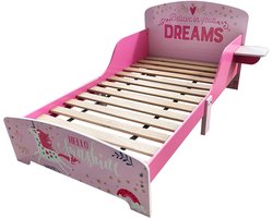 Eenhoorn Kinderbed Roze met Uitvalscherm en Zijtafel – Peuterbed voor Meisjes 140x70 cm, Totaal 142,4x77x60 cm (Zonder Matras) — cadeau in Cadeau-ideeën