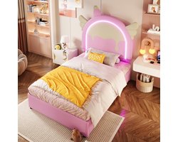 FloraGrace Gestoffeerd Bed 90x200 cm – Met Kleurrijke Lichtstrip – Met 2 Lades – Eenhoorn Kindbed – PU – Zonder Matras – Roze — cadeau in Cadeau-ideeën