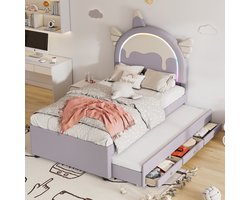 STILVORA Peuterbed 90x200 - Kinderbed Eenpersoonsbed met Uitrolbed en Opbergruimte, Leuk Eenhoorn Hoofdbord - PU - Lila — cadeau in Cadeau-ideeën
