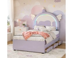 MIVRAY Kinderbed 90x200cm Zonder Matras - Eenpersoonsbed met Uittrekbed en Laden - Eenhoorn Design voor Kinderkamer - Kunstleer MDF - Paars — cadeau in Cadeau-ideeën