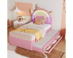 STILVORA Peuterbed 90x200 - Kinderbed Eenpersoonsbed met Uitrolbed en Opbergruimte, Leuk Eenhoorn Hoofdbord - PU - Roze — cadeau in Cadeau-ideeën