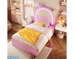 Gutent Kinderbed-90 x 200 cm-Zonder matras-met-licht-2 laden-Roze-Unicorn-look-PU — cadeau in Cadeau-ideeën
