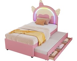 Merax Eenhoorn Kinderbed 90x200 cm - Unicorn Eenpersoonsbed voor Kinderen - Kunstleer Gestoffeerd Bed met extra Uitschuifbaar Bed 90x190 cm Inclusief 3 Bedlades - Roze — cadeau in Cadeau-ideeën