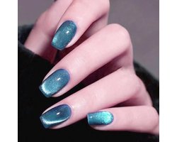 30 Pcs French False Nails Short Square, Blue Crystal Press-on Nails, Glitter Cat Eye Fake Nails with Glue Stickers, Cute Natural Acrylic Full Coverage Sticky Nails for — cadeau in Verzorging