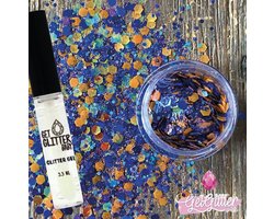 GetGlitterBaby® - Lampegat Glitter Blauwe Oranje Biologische / Eindhoven Biologisch afbreekbare Chunky Festival Glitters voor Lichaam en Gezicht / Biodegradable Face Body Skin Glue Carnaval Glitter Jewels Mix - Blauw met Lijm Gel HuidLijm — cadeau in Cadeau-ideeën