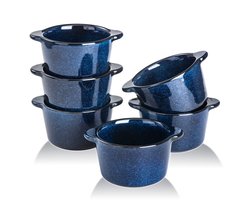 Allecto plus - Keramische kommen voor creme brulee - Mini custard cups 6 oz - Ovenkluiskommen soufflé gerechten voor het bakken - Individuele braadpan dipsaus - Blauw - Bakvormen set van 6 — cadeau in Kookcadeaus