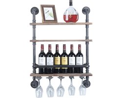 SureDeal® - Wandplank - Wijnrek - Wijnglazen Houder - 3 Planken - Industrieel - Hout - 100x60x20 cm - Woonkamer - Keuken - Slaapkamer - Wandrek - Muur — cadeau in Wonen & Interieur
