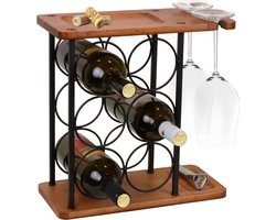ManGotree Wijnrek met glazen houder - houten aanrecht wijnhouder - dienblad - vrijstaand wijnglazen rek - huisdecoratie - keukenopslag - 6 flessen - 2 glazen — cadeau in Wonen & Interieur