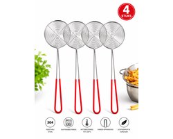 Hotpotshop RVS Mini Frituurspaan / Spinnenkop Zeef – Set van 4 – Ø 6.5 cm – Met Rode Siliconen Handgreep – Ideaal voor Fondue, Hotpot en Frituren — cadeau in Cadeau-ideeën