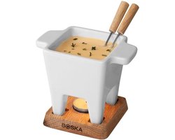 Compact Kaasfondue Set Wit - Keramische Pan op Houten Basis voor 2 Personen — cadeau in Kookcadeaus