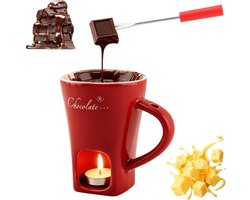 Chocolade Fondue Set - Keramische Chocolade Fondue Mok - Perfect Smelten & Warmhouden - Mini Chocoladefondue met Vorkjes - Inclusief Vork - Compact 130ml - Voor Dessert Fruit Kaas - Mini Fondue Beker Chocoladepot - Rode — cadeau in Kookcadeaus