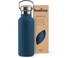 Bambaw® 500ml RVS Thermosfles - Isoleerfles, Dubbelwandig, Lekvrijen, loodvrij en Plasticvrij Geïsoleerde Fles met Bamboe Deksel voor Warme en Koude Dranken - Ideaal voor Reizen, Werk, Yoga, Wandelen en Dagelijks Gebruik – blauw — cadeau in Sport & Outdoor