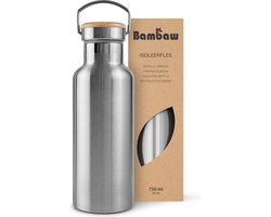 Bambaw® 750ml RVS Thermosfles - Isoleerfles, Dubbelwandig, Lekvrijen, loodvrij en Plasticvrij Geïsoleerde Fles met Bamboe Deksel voor Warme en Koude Dranken - Ideaal voor Reizen, Werk, Yoga, Wandelen en Dagelijks Gebruik - zilver — cadeau in Sport & Outdoor