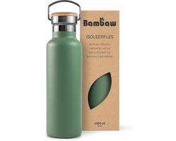 Bambaw® 1 Liter RVS Thermosfles - Isoleerfles, Dubbelwandig, Lekvrijen, loodvrij en Plasticvrij Geïsoleerde Fles met Bamboe Deksel voor Warme en Koude Dranken - Ideaal voor Reizen, Werk, Yoga, Wandelen en Dagelijks Gebruik – groen — cadeau in Sport & Outdoor