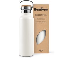 Bambaw® 1 Liter RVS Thermosfles - Isoleerfles, Dubbelwandig, Lekvrijen, loodvrij en Plasticvrij Geïsoleerde Fles met Bamboe Deksel voor Warme en Koude Dranken - Ideaal voor Reizen, Werk, Yoga, Wandelen en Dagelijks Gebruik – wit — cadeau in Sport & Outdoor