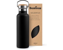 Bambaw® 1 Liter RVS Thermosfles - Isoleerfles, Dubbelwandig, Lekvrijen, loodvrij en Plasticvrij Geïsoleerde Fles met Bamboe Deksel voor Warme en Koude Dranken - Ideaal voor Reizen, Werk, Yoga, Wandelen en Dagelijks Gebruik – zwart — cadeau in Sport & Outdoor