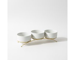 3-delige schaaltjes en kommetjes set met gouden houder – Decoratieve serveerschalen voor nootjes snacks tapas en hapjes – Luxe tafel decoratie – Kunststof kommen en schaaltjes set voor keuken borrel en feestelijk serveren — cadeau in Kookcadeaus