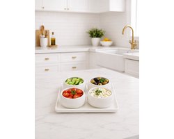 Mevaz Snackbowls Set van 4 met Dienblad – Keramische Dipschaaltjes – Wit – Tapas Schalen – Borrelset – Serveerschaaltjes voor Olijven, Noten, Kaas, Groenten & Snacks – Luxe Serveerset — cadeau in Kookcadeaus