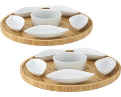 Set van 2x stuks serveerplanken bamboe dia 26 cm met luxe hapjes/saus/tapas keramieken schaaltjes — cadeau in Kookcadeaus