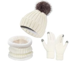 Winter Warm Fashion 3-delige set - Muts + Nekwarmer + Handschoenen - Dikke gebreide pompon, muts, losse handschoenen met touchscreen, sjaalset - Geschikt voor buitensportactiviteiten, beste geschenkset - Wit - 35*25*4 — cadeau in Mode & Accessoires