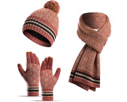3-delige wintermuts, sjaal en handschoenenset, gebreide muts en sjaalset, dikke thermische pompom muts, handschoenen en sjaalset met touchscreen handschoenen, warm wintercadeau, geschikt voor buitenkleding voor mannen en vrouwen - licht rood — cadeau in Mode & Accessoires