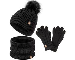 Wintermuts, handschoenen en sjaalset voor kinderen, kindermutsen, muts met pompon, gebreide hals, warme handschoenen, cadeau voor meisjes van 5-10 jaar, zwart — cadeau in Mode & Accessoires