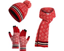3-delige wintermuts, sjaal en handschoenenset, gebreide muts en sjaalset, dikke thermische pompom muts, handschoenen en sjaalset met touchscreen handschoenen, warm wintercadeau, geschikt voor buitenkleding voor mannen en vrouwen - diep rood — cadeau in Mode & Accessoires