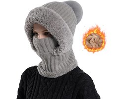 3-in-1 dames wintermuts - Muts - sjaal en gezichtsmasker in één - Grijs - Nieuwe warme gebreide wintermuts - Warme wintermuts met sjaal - Dames mutsenset - Gebreide muts en sjaalset - Fleecevoering voor warmte - Winddicht — cadeau in Mode & Accessoires