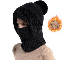 3-in-1 dames wintermuts - Muts - sjaal en gezichtsmasker in één - Zwart - Nieuwe warme gebreide wintermuts - Warme wintermuts met sjaal - Damesmutsenset - Gebreide muts en sjaalset - Fleecevoering voor warmte - Winddicht — cadeau in Mode & Accessoires