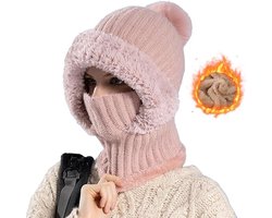 3-in-1 dames wintermuts - Muts - sjaal en gezichtsmasker in één - Roze - Nieuwe warme gebreide wintermuts - Warme wintermuts met sjaal - Dames mutsenset - Gebreide muts en sjaalset - Fleecevoering voor warmte - Winddicht — cadeau in Mode & Accessoires