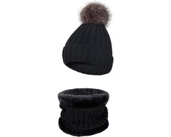 2-delige gebreide muts en sjaal set voor dames - Winter Warme dikke fleece gevoerde muts met sjaalset - Warme gebreide muts en ronde sjaal voor heren - Geschikt voor skimutsen en buitensporten - zwart — cadeau in Mode & Accessoires