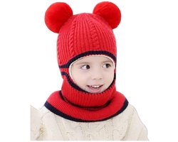 Muts - Kindermuts - Winter Muts - Gebreide wintermuts - Sjaalset - Muts 3-in-1 - Warme mutsen voor jongens en meisjes van 3 tot 6 jaar - Sjaal met schuifkap - Gebreide muts met pompon - Rood — cadeau in Mode & Accessoires