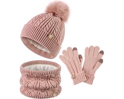 Wintermuts, handschoenen en sjaalset voor kinderen, kindermutsen, muts met pompon, gebreide hals, warme handschoenen, cadeau voor meisjes van 5-10 jaar, roze — cadeau in Mode & Accessoires