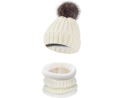 2-delige gebreide muts en sjaal set voor dames - Winter Warme dikke fleece gevoerde muts met sjaalset - Warme gebreide muts en ronde sjaal voor heren - Geschikt voor skimutsen en buitensporten - Wit — cadeau in Mode & Accessoires
