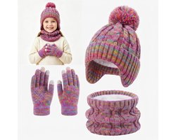Winter Warm Fashion 3 stuks for kids- Muts + Nekwarmer + Handschoenen - Dikke gebreide pompon, muts, losse handschoenen met touchscreen, sjaalset — cadeau in Mode & Accessoires