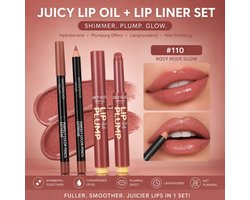 Lip Oil + Lip Liner Set – Rosy Nude Glow | Shimmer Lip Gloss | Lip Plumper | Hydraterend | Glass Lips Effect | Langhoudende Shine + Gratis lipmasker — cadeau in Verzorging