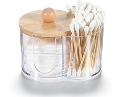 Cotton Swab en Pad Houder met Houten Deksel - Transparante Acryl Organizer voor Make-up Tafel en Badkamer, Stofdicht en Praktisch voor Oordoppen en Wattenpads — cadeau in Cadeau-ideeën