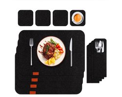 Vilten placemats, set van 4, hittebestendig en antislip, inclusief onderzetters en bestekzak, geschikt voor keukens en eettafels, 30*41cm,Zwart — cadeau in Wonen & Interieur