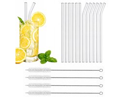 Kaiyaya - set van 12 glazen rietjes - transparant en herbruikbaar - met schoonmaakborstels - 215 mm - voor cocktail, smoothie en feest — cadeau in Koken & Dineren